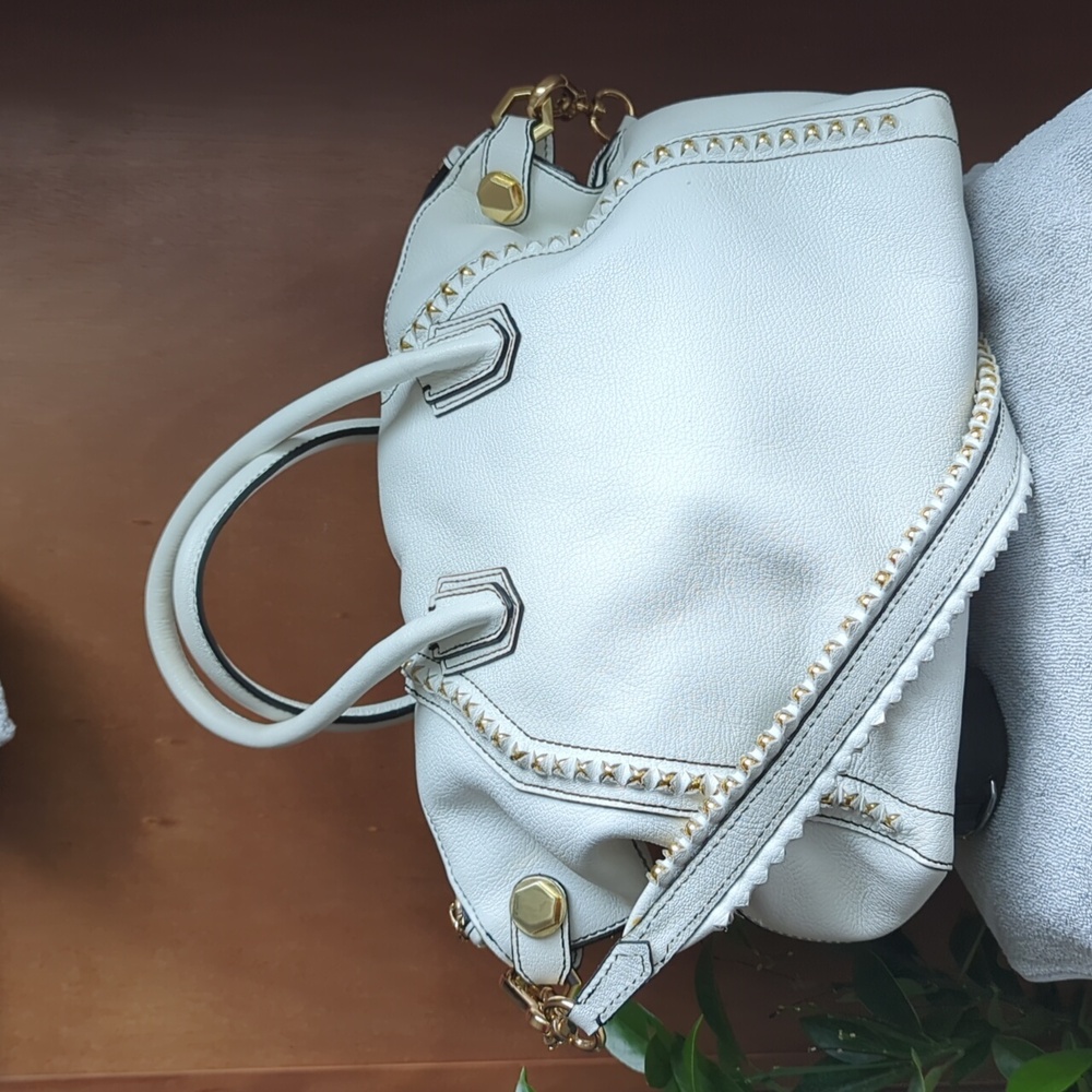 OrYANY Tanya Bead-Trim Cut Out Satchel Tote Bag White Gold Leather